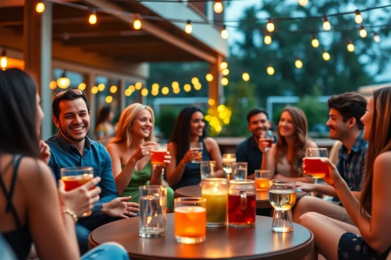 Guests celebrating at an After Work Party with drinks and laughter in a vibrant outdoor setting.