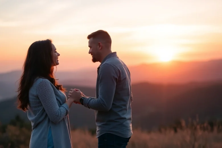 Couple celebrating their engagement amidst a beautiful sunset in a serene outdoor setting.
